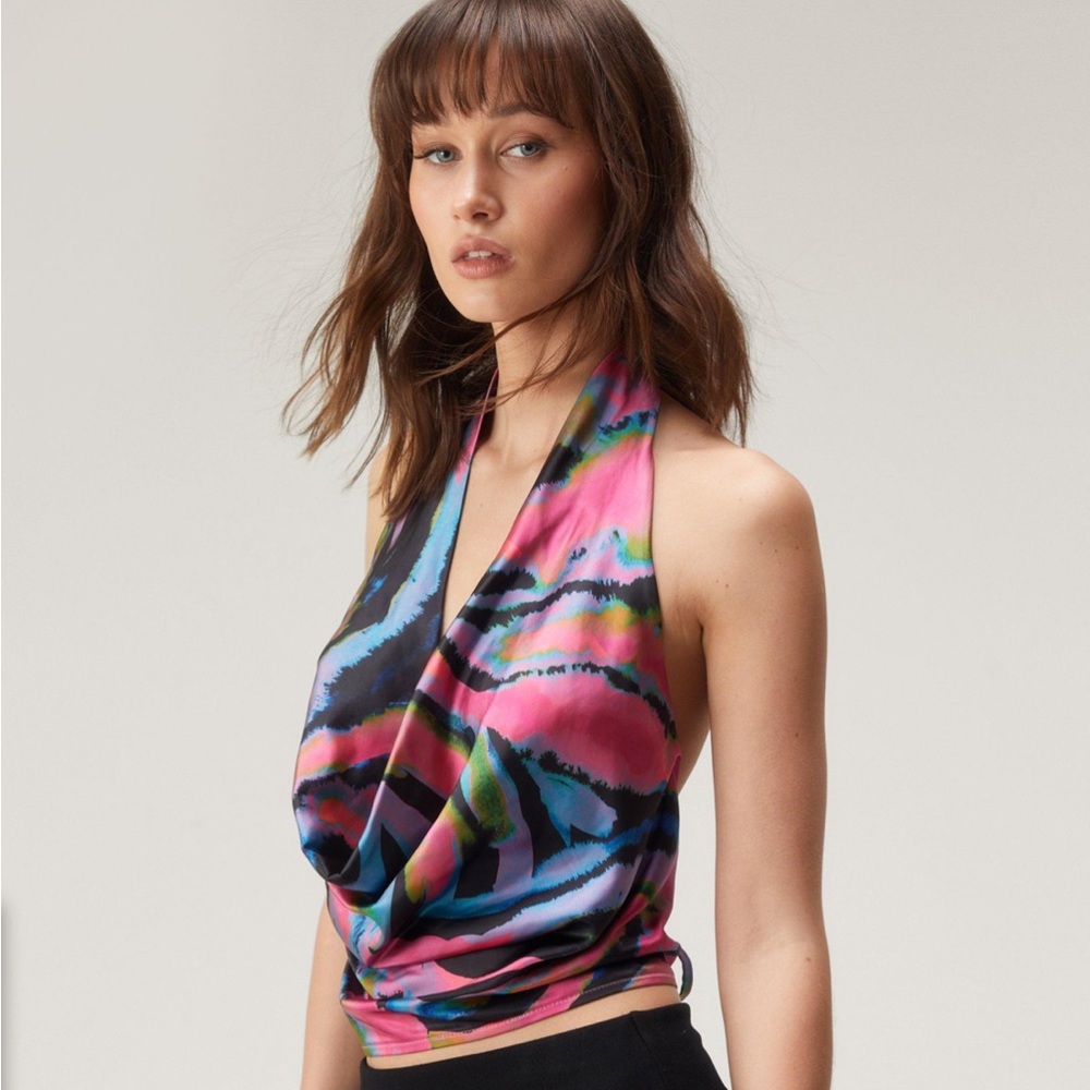 Rainbow plunge neck halter top with open back NWT